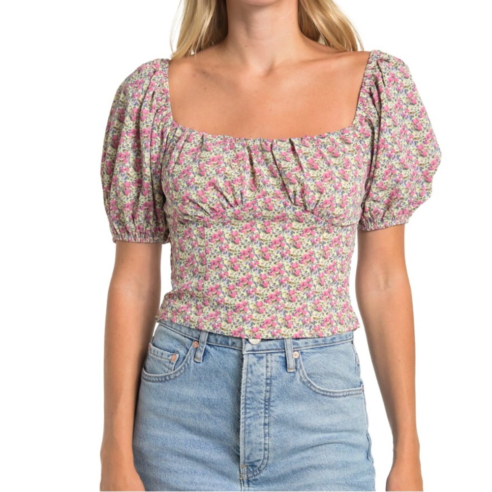 ❌ASTR the Label Women Tie Back Top Scoop Neck Bubble Sleeve Patterned Medium
